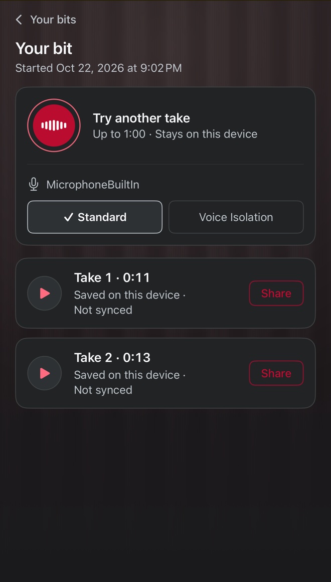 A bit with two takes listed, each marked Saved on this device, not synced, with a Try another take control above them.