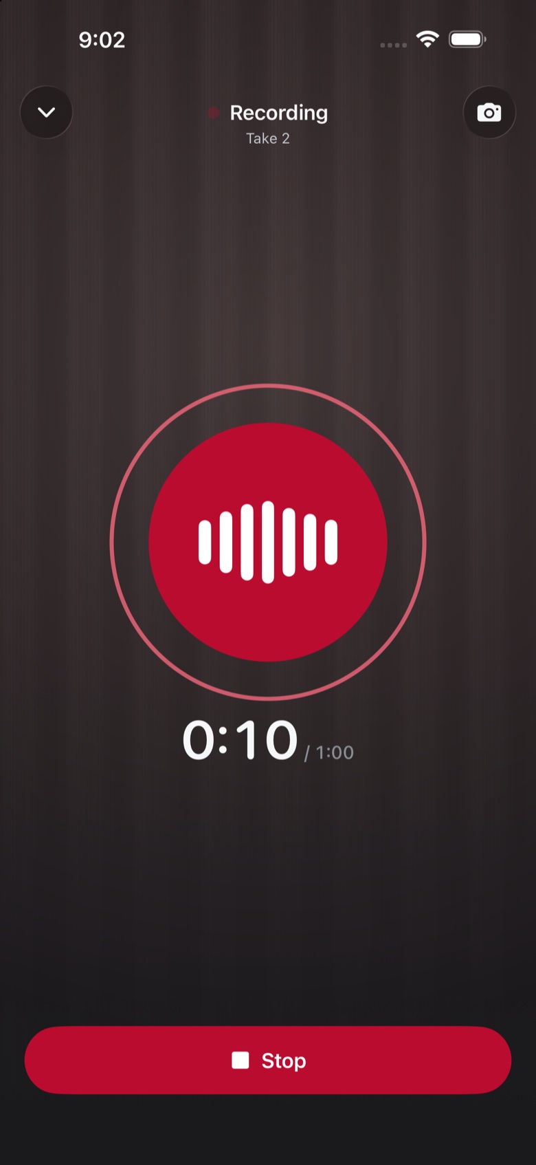 Zinger recording take two of a bit: a scarlet voice mark follows the microphone level, a clock reads ten seconds of a one-minute limit, and a Stop button sits at the bottom.